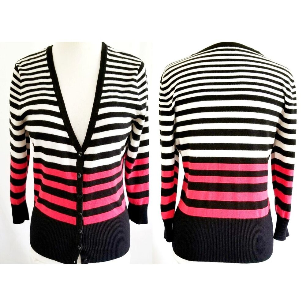 Maurices Women’s White Red Black Striped 3/4 Sleeve Cardigan Sweater Size Medium - Picture 2 of 9